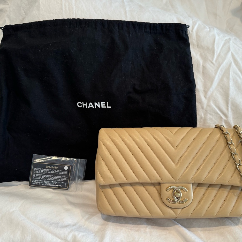 CHANEL Chevron Lambskin Classic Flap Double Chain Bag Beige Gold Metal